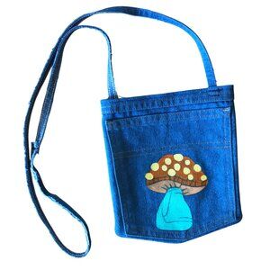 Handmade Crossbody Jean Purse: Painted Mushroom Over Shoulder Cell Phone Bag